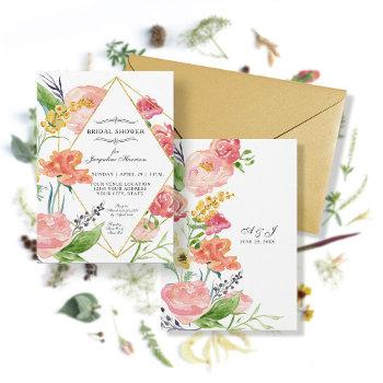 Modern Watercolor Floral Geometric Gold Flowers Invitation Front View