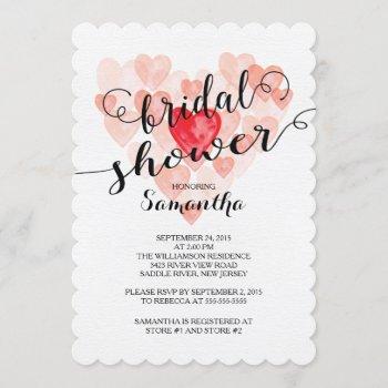 modern watercolor hearts bridal shower invitation