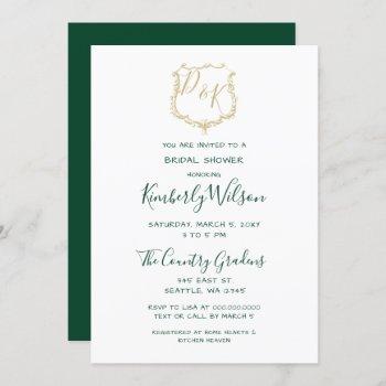 monogram gold crest and forest green bridal shower invitation