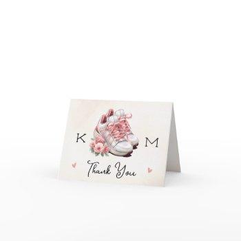 monogram pink sneaker floral photo bridal shower thank you card