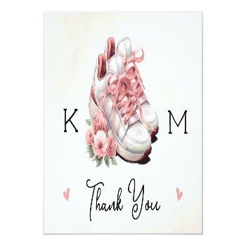 Monogram Pink Sneaker Floral Photo Bridal Shower Thank You Card Front View