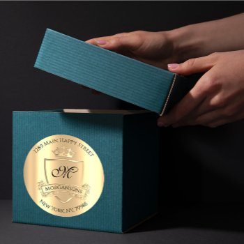 Monogram Return Address Crown Royal Champagne Gold Classic Round Sticker Front View