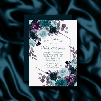 moody boho | teal floral silver frame baby shower invitation