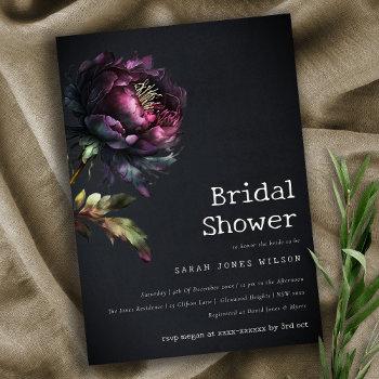 moody gothic purple black peony bridal shower invitation