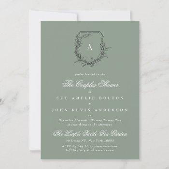 moss sage green white fig floral monogram couples invitation
