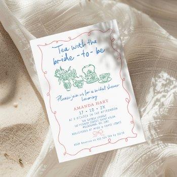 multi-color hand drawn whimsical tea bridal shower invitation