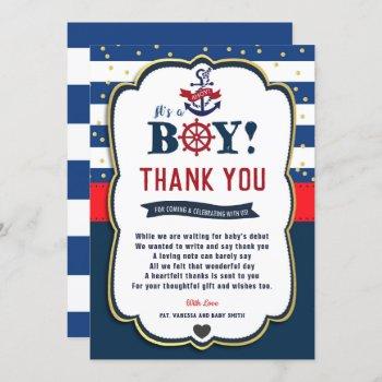nautical ahoy red navy baby shower thank you card