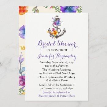 nautical bridal shower ship anchor purple  floral invitation