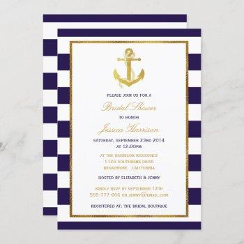 nautical gold anchor navy stripe bridal shower invitation