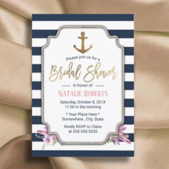 nautical gold anchor navy stripes bridal shower invitation