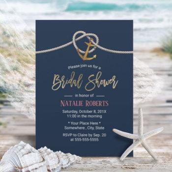 nautical gold anchor rope navy blue bridal shower invitation