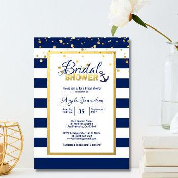 nautical gold navy blue stripes bridal shower invitation
