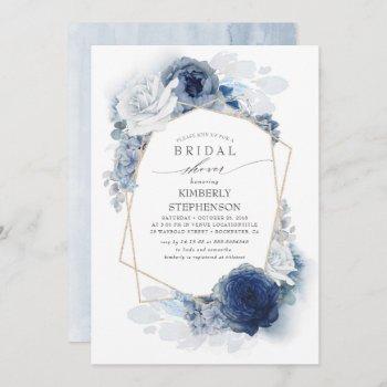 navy and dusty blue floral modern bridal shower invitation