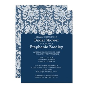 navy and white lace damask pattern bridal shower invitation