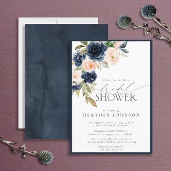navy blue & blush floral watercolor bridal shower invitation