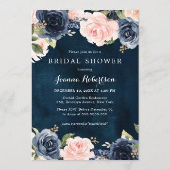 navy blue blush watercolor floral bridal shower in invitation