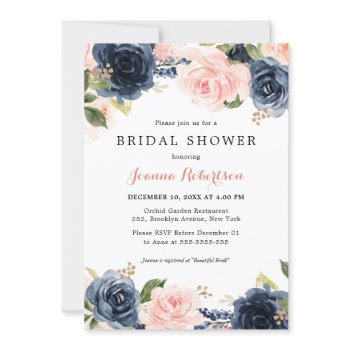 navy blue blush watercolor floral bridal shower in invitation