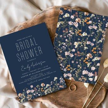 navy blue boho wildflower bridal shower elegant invitation