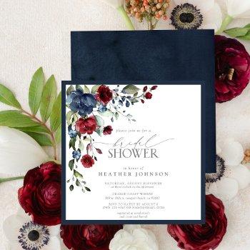 navy blue burgundy floral watercolor bridal shower invitation