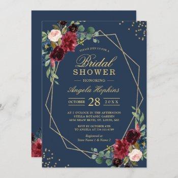navy blue burgundy red floral modern bridal shower invitation