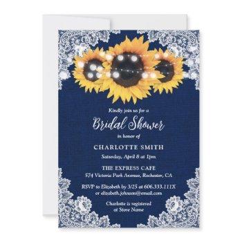 navy blue burlap and lace sunflower bridal shower invitation