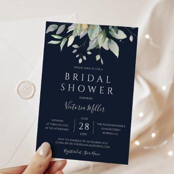 navy blue eucalyptus greenery leaves bridal shower invitation