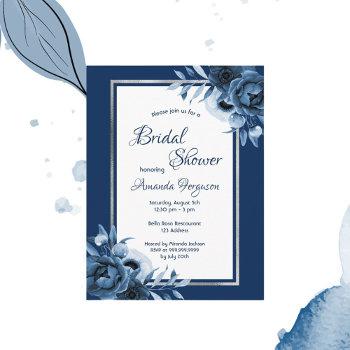 navy blue florals silver bridal shower invitation postcard