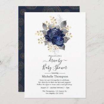 navy blue, gold and silver floral drive by shower invitation