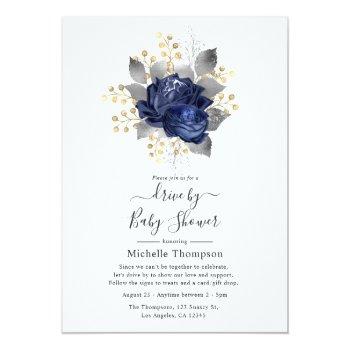 Navy Blue, Gold And Silver Floral Drive By Shower Invitation Front View