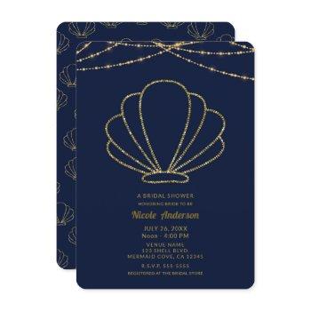 navy blue & gold sea shell mermaid bridal shower invitation