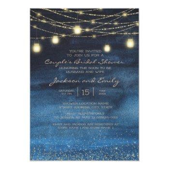 Navy Blue Gold String Lights Couple's Bridal Invitation Front View