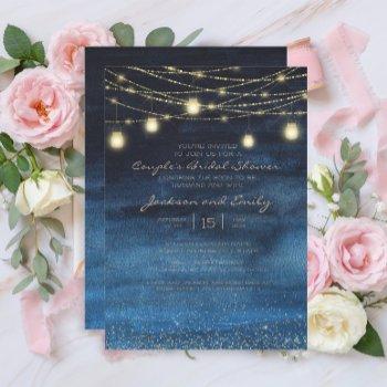 navy blue gold string lights couple's bridal invitation