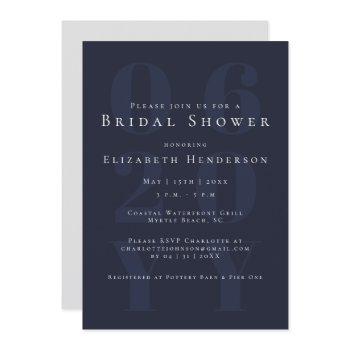 navy blue minimalist bold type bridal shower invitation