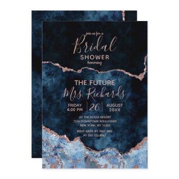 navy blue rose gold agate bridal shower invitation