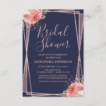 navy blue rose gold floral bridal shower invitation