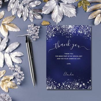 Navy Blue Silver Glitter Sparkles Script Thank You Card Front View