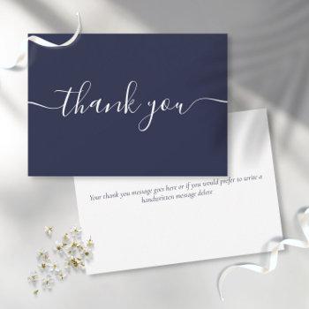 Navy Blue Simple Modern Elegant Script Thank You Card Front View