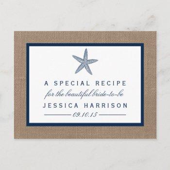 navy blue starfish beach bridal shower recipe card