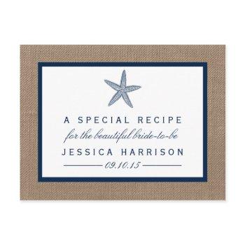navy blue starfish beach bridal shower recipe card