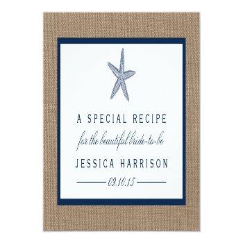 Navy Blue Starfish Beach Bridal Shower Recipe Card Front View