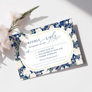 navy blue white chinoiserie floral wedding rsvp card