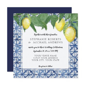 navy blue white shibori x pattern w lemon branch invitation