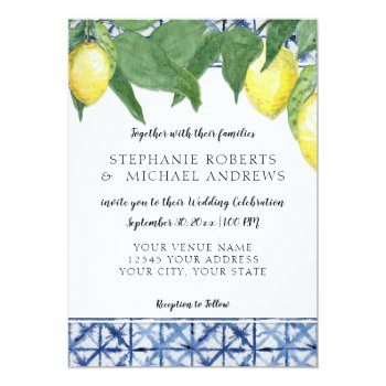 Navy Blue White Shibori X Pattern W Lemon Branch Invitation Front View