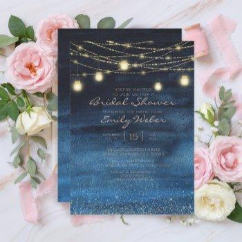 navy bluegold string lights lanterns bridal shower invitation