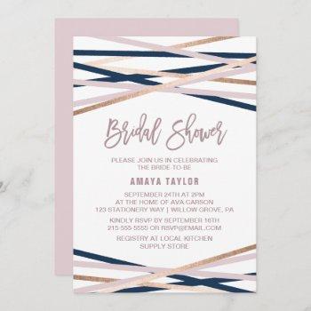 navy blush and rose gold streamers bridal shower invitation