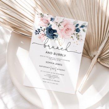 navy blush floral brunch and bubbly bridal shower invitation