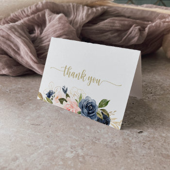 navy blush floral gold folded wedding  thank you card