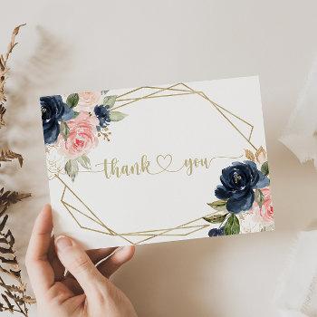 navy blush floral gold geometric flat wedding  thank you card