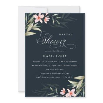 navy blush greenery floral bridal shower invite