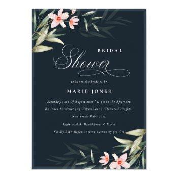 Navy Blush Greenery Floral Bridal Shower Invite Front View